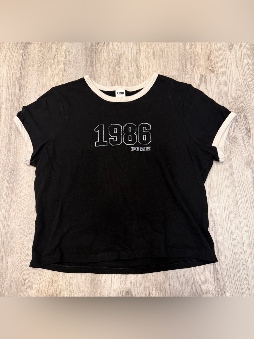 Victoria’s Secret PINK 1986 Ringer Baby Tee Black Cream Size Large Y2K